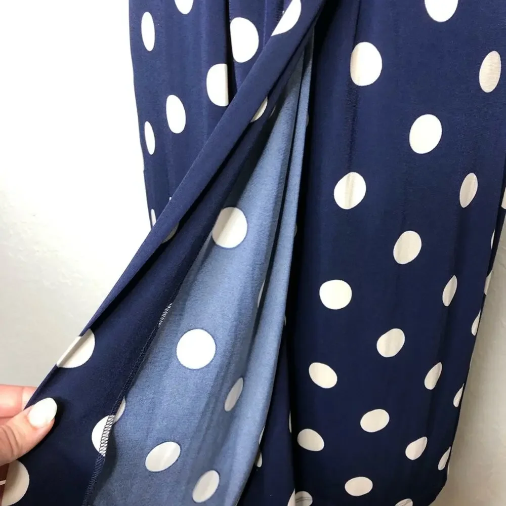 Eliza J navy blue cream tan polka dot faux wrap dress size 14